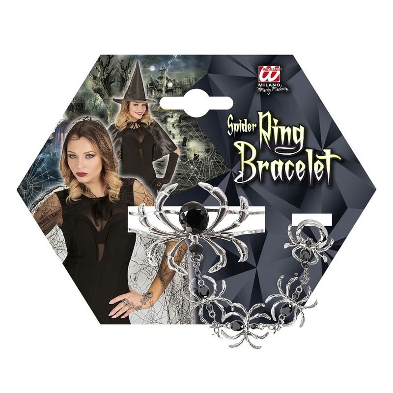 Armband mit Spinnen Ring 09663 - Silber Schwarz | Schmuck Kostüm Vampir Hexe
