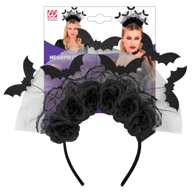 Halloween "Haarreif mit Fledermäusen & Rosen" | Schwarz