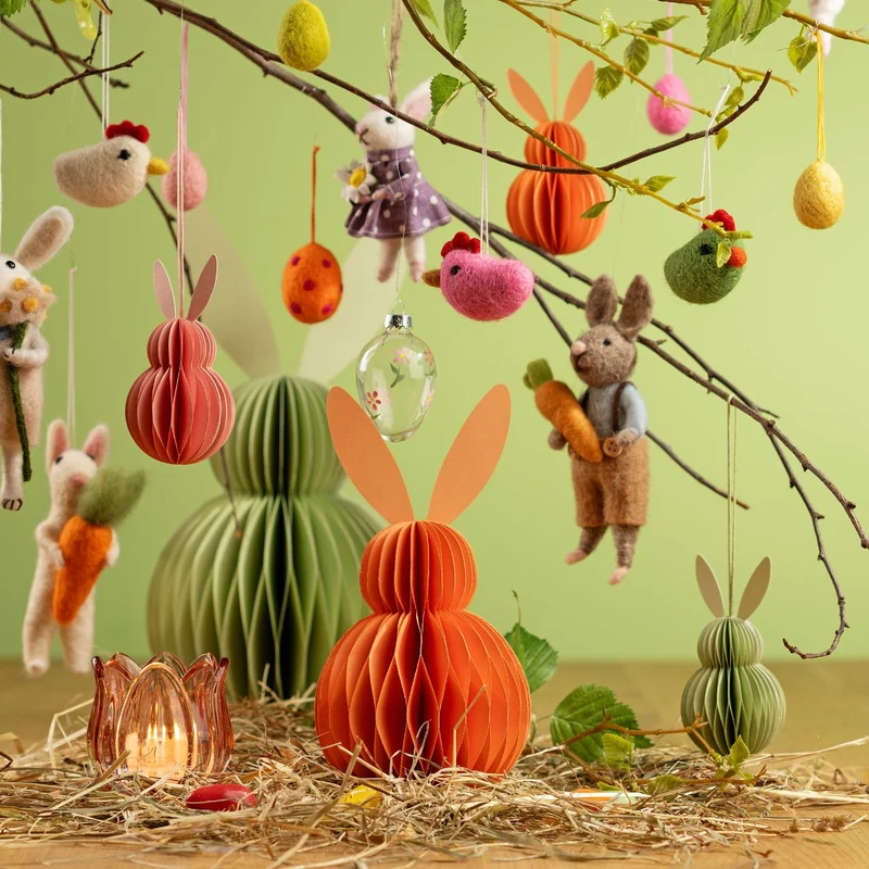 Osterhase zum Hängen aus Papier Orange Honeycomb