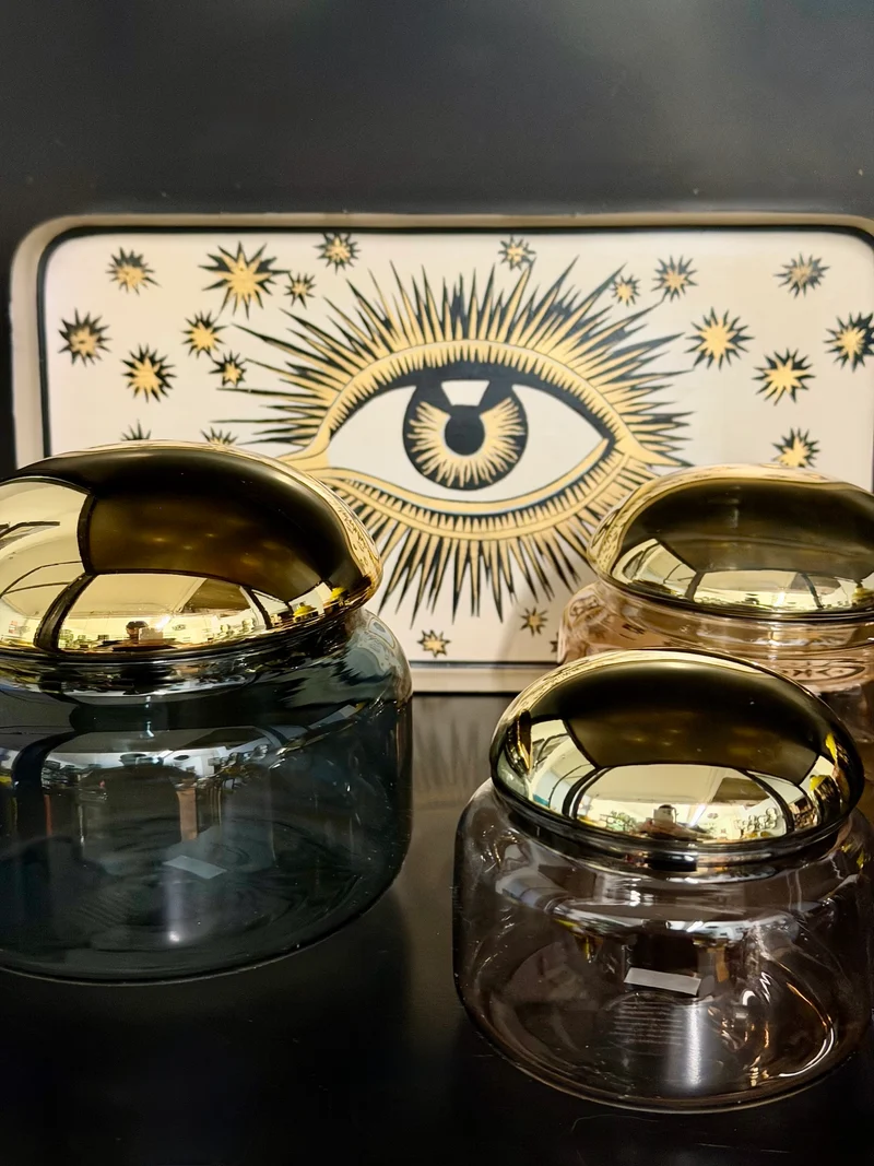 Glasdose VOILE M aus Borosilikatglas – Braun & Gold