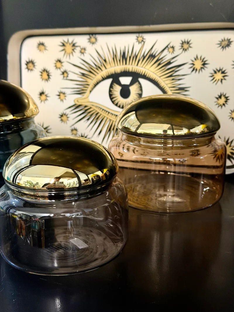 Glasdose VOILE M aus Borosilikatglas – Braun & Gold