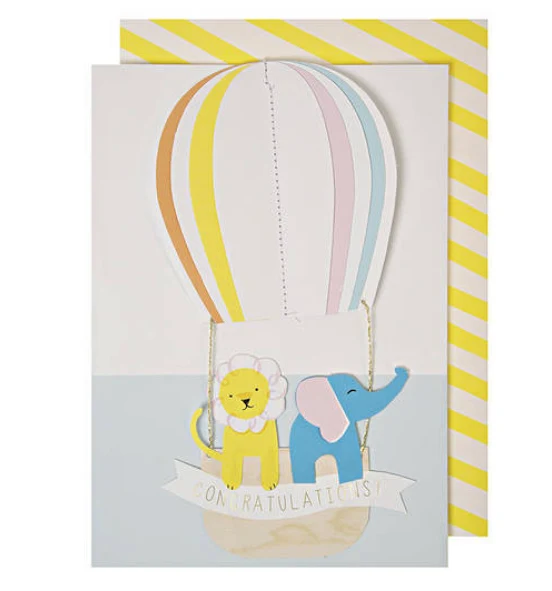 Meri Meri Glückwunschkarte HEISSLUFTBALLON Löwe + Elefant | Congratulations