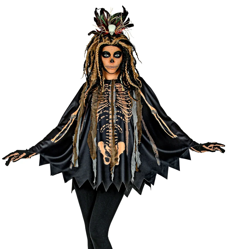 Voodoo Priesterin Kostüm Poncho mit Kapuze | Schwarz