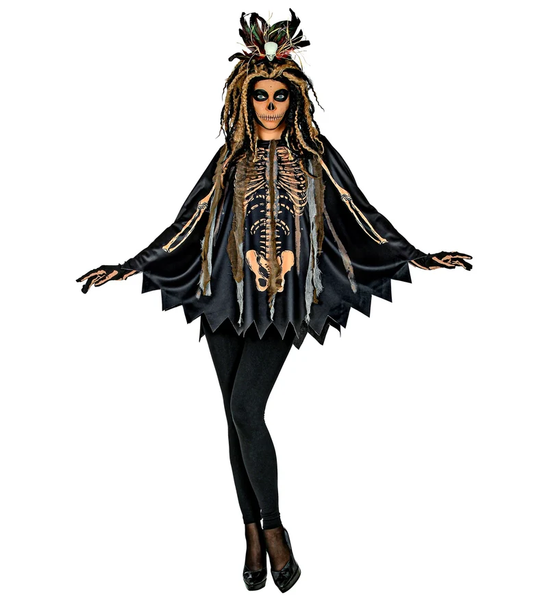 Voodoo Priesterin Kostüm Poncho mit Kapuze | Schwarz