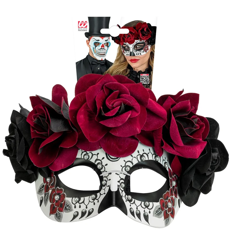 Dia de los Muertos Augenmaske mit Rosen | Schwarz Rot