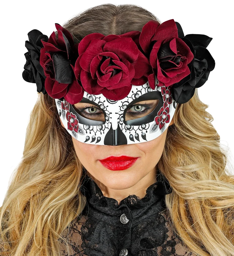 Dia de los Muertos Augenmaske mit Rosen | Schwarz Rot