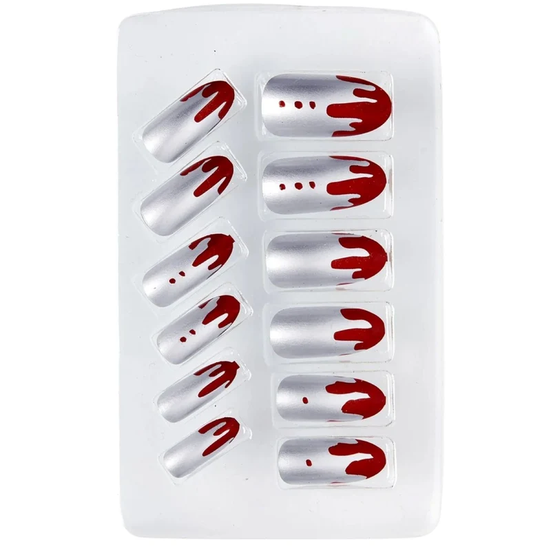 Set von 12 selbstklebenden Fingernägeln | Silber Metallic mit Blut