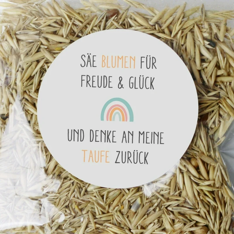 Aufkleber Blumensamen Taufe Regenbogen 4cm (24 Stück)