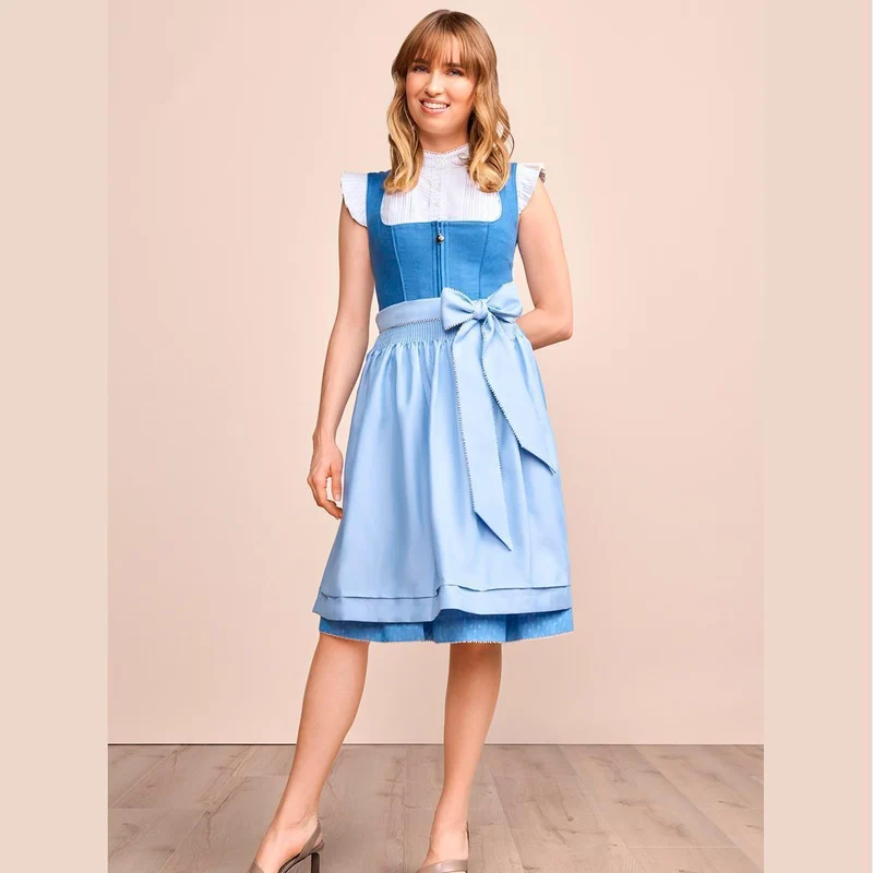 Krüger Dirndl Dorette Hellblau Leinen Mieder 60cm Balkonausschnitt