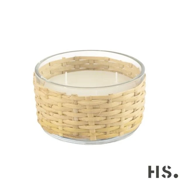 Kerze mit Korbgeflecht JUNCO | 3 Dochte Duftkerze FRESH LINEN | 8x13 cm | HOME SOCIETY