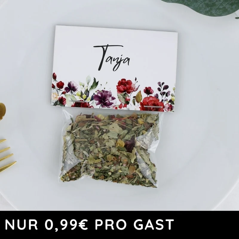 Gastgeschenk Set Platzkarte Burgundy mit Kräutertee (für 60 Gäste)
