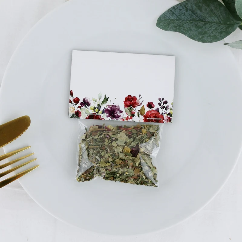 Gastgeschenk Set Platzkarte Burgundy mit Kräutertee (für 60 Gäste)