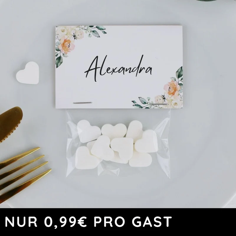 Gastgeschenk Set Platzkarte Blütenzauber mit Minzherzen (für 60 Gäste)