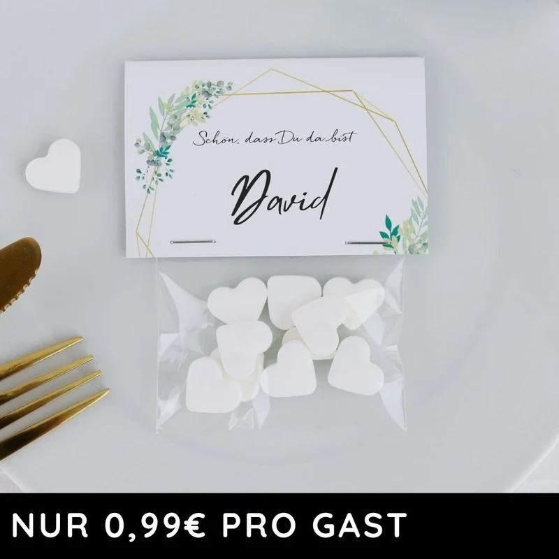 Gastgeschenk Set Platzkarte Eukalyptus mit Minzherzen (für 60 Gäste)