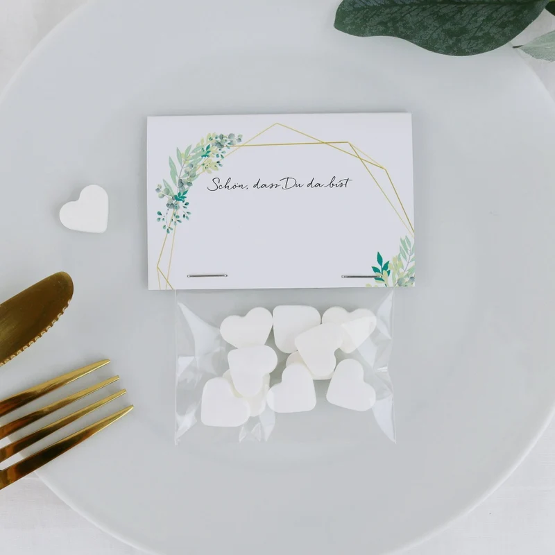 Gastgeschenk Set Platzkarte Eukalyptus mit Minzherzen (für 60 Gäste)