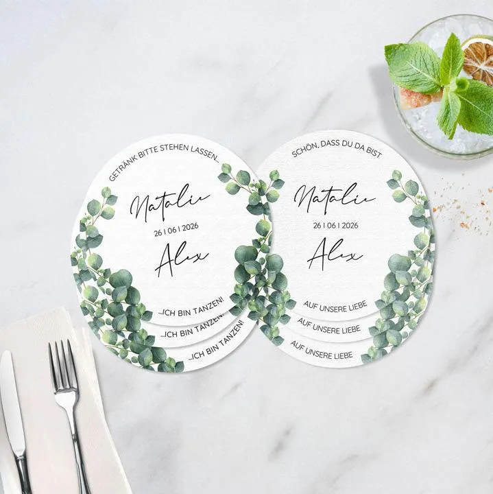 Personalisierte Bierdeckel Hochzeit Eukalyptus (50 Stück)
