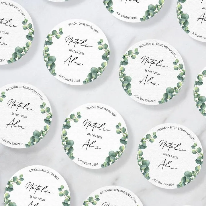Personalisierte Bierdeckel Hochzeit Eukalyptus (50 Stück)