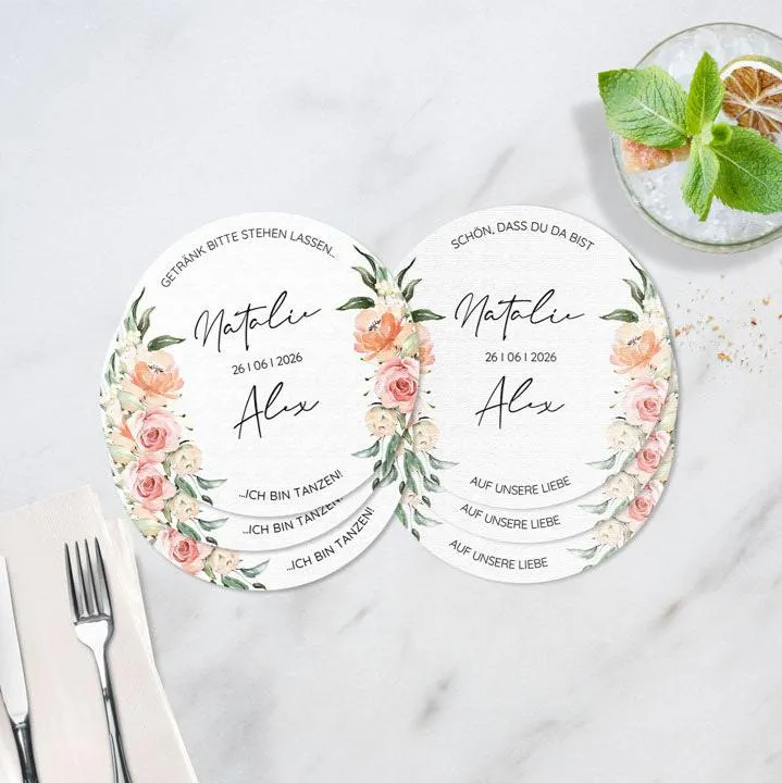 Personalisierte Bierdeckel Hochzeit Blütenzauber (50 Stück)