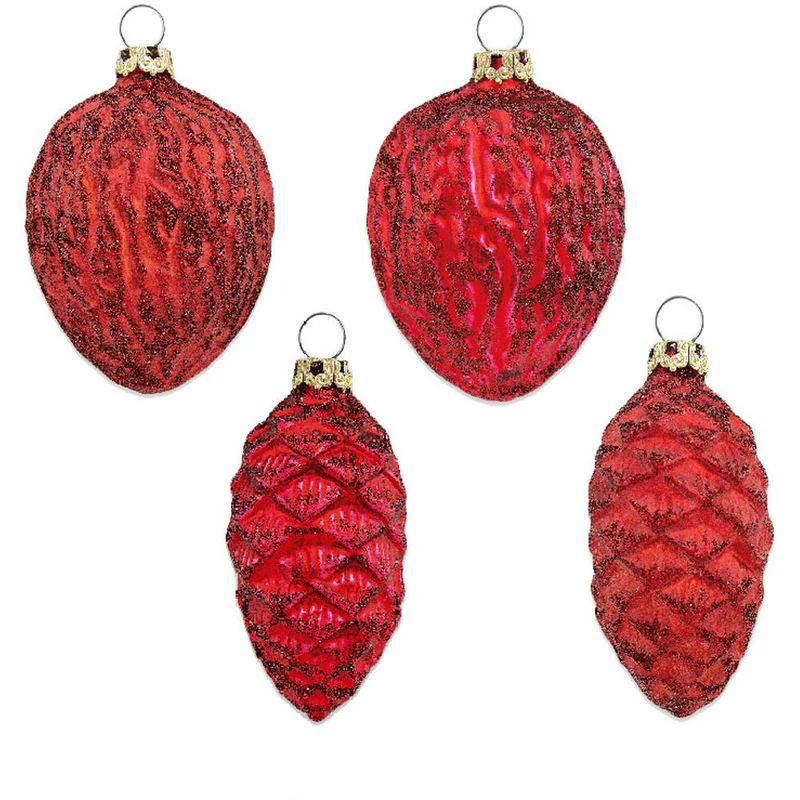 Thüringer Glasdesign Zapfen und Nüsse Set 004-01010-1232 | 4-tlg. | ca. 6cm - Rot