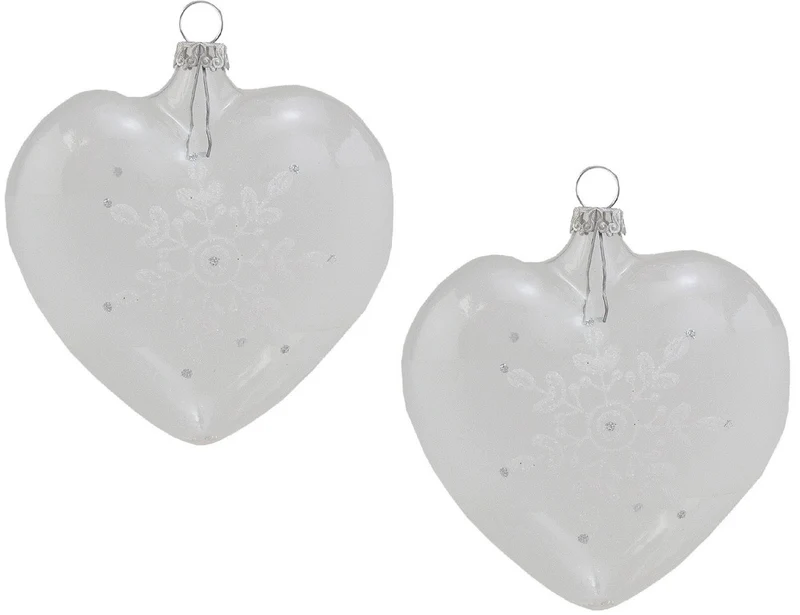 Thüringer Glasdesign Herzen (2 Stück) Ø 8 cm - Weiß/Silber | Glas Weihnachtsbaumkugeln Made in Germa