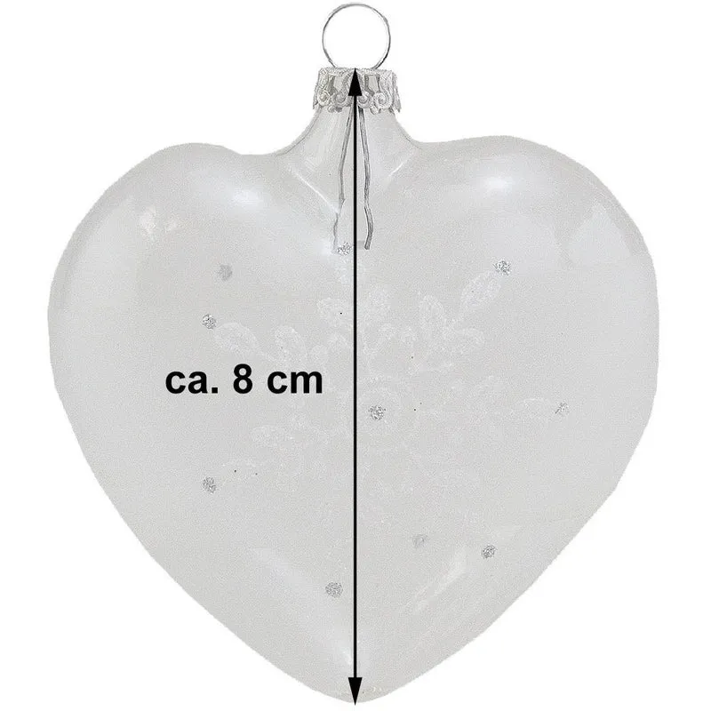 Thüringer Glasdesign Herzen (2 Stück) Ø 8 cm - Weiß/Silber | Glas Weihnachtsbaumkugeln Made in Germa