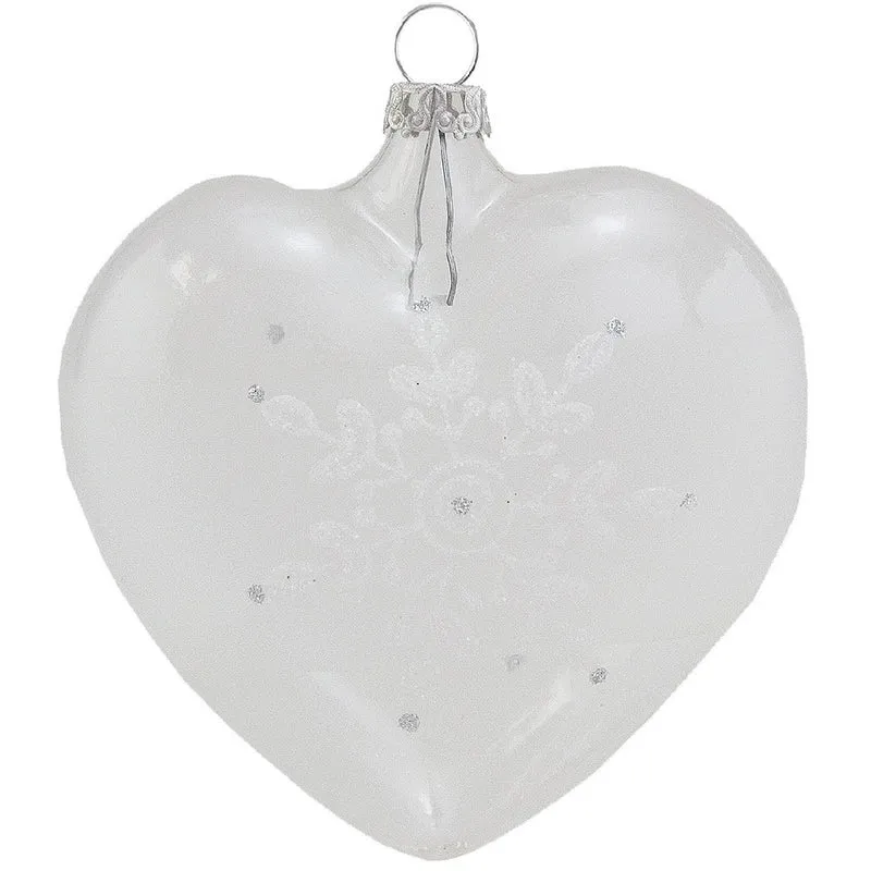 Thüringer Glasdesign Herzen (2 Stück) Ø 8 cm - Weiß/Silber | Glas Weihnachtsbaumkugeln Made in Germa