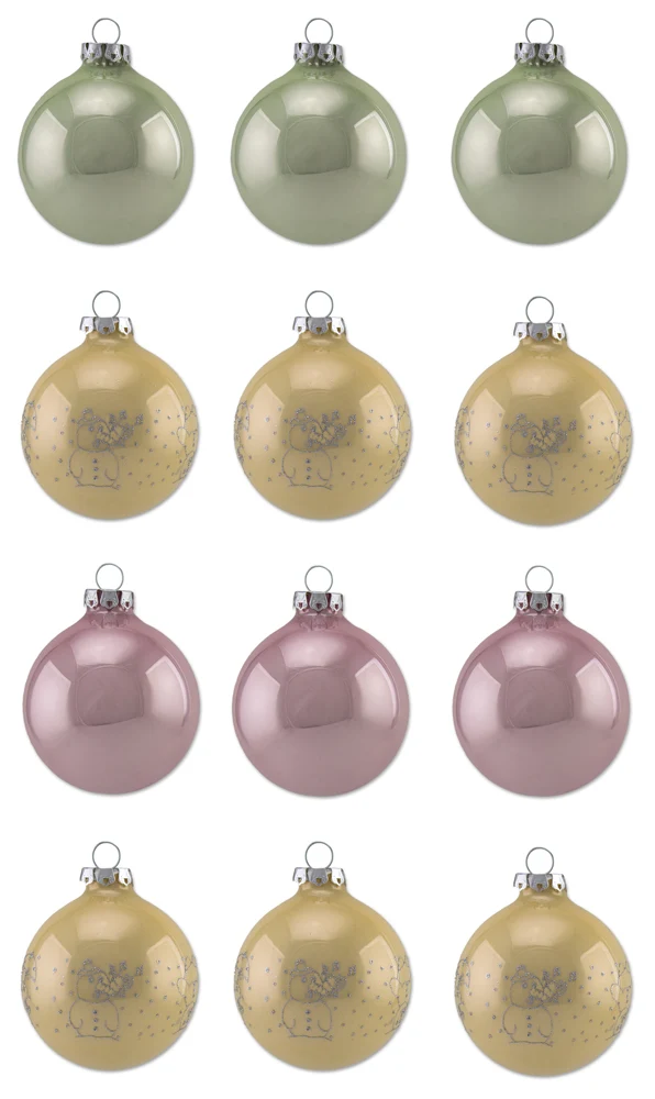 Thüringer Glasdesign Weihnachtskugel-Set 8cm 12-tlg. - Pastell mit Glitzer Dekor lustige Schneemänne