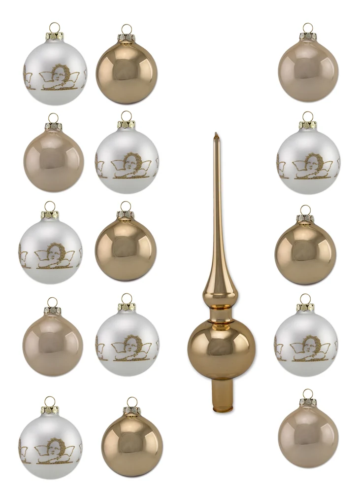 Thüringer Glasdesign Weihnachtskugel-Set 16-tlg. - Diamonds mit Glitzer Dekor Engel Raphael - A016-2