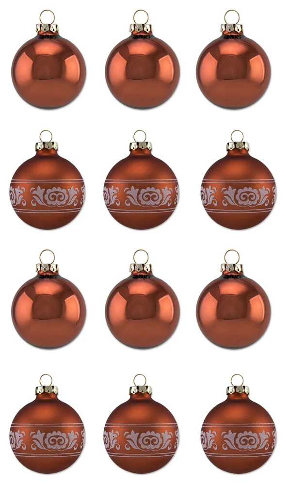Thüringer Glasdesign Weihnachtskugel-Set 8cm 12-tlg. - Kupfer mit Glitzer Dekor Romantikbordüre - A0