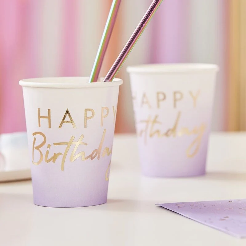 Pappbecher Happy Birthday lavendel / weiß