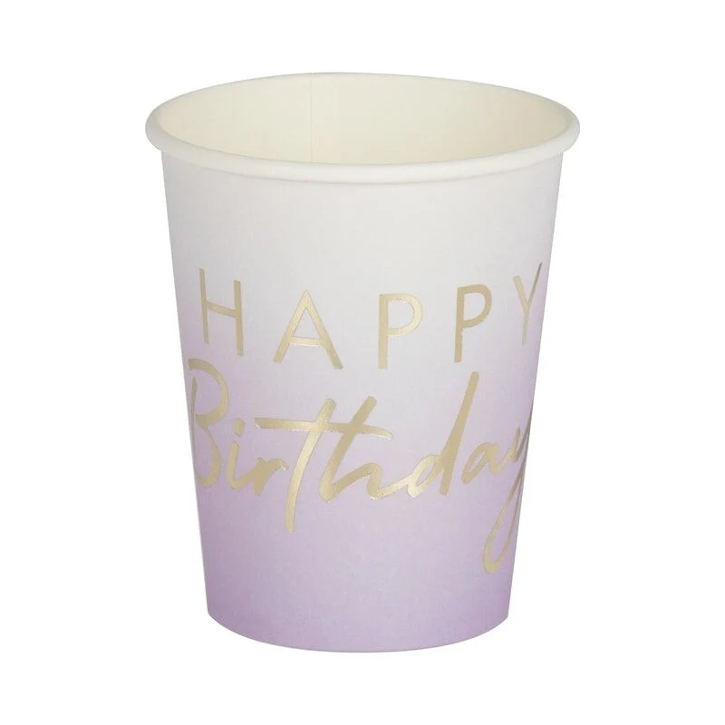 Pappbecher Happy Birthday lavendel / weiß