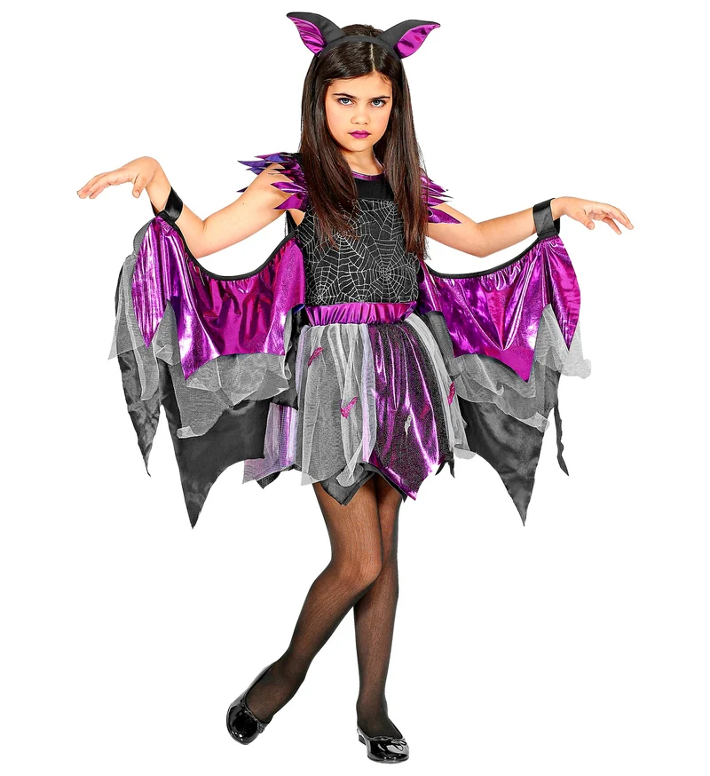 Glitzer Fledermaus Kinderkostüm - Kleid mit Flügeln | Schwarz Lila