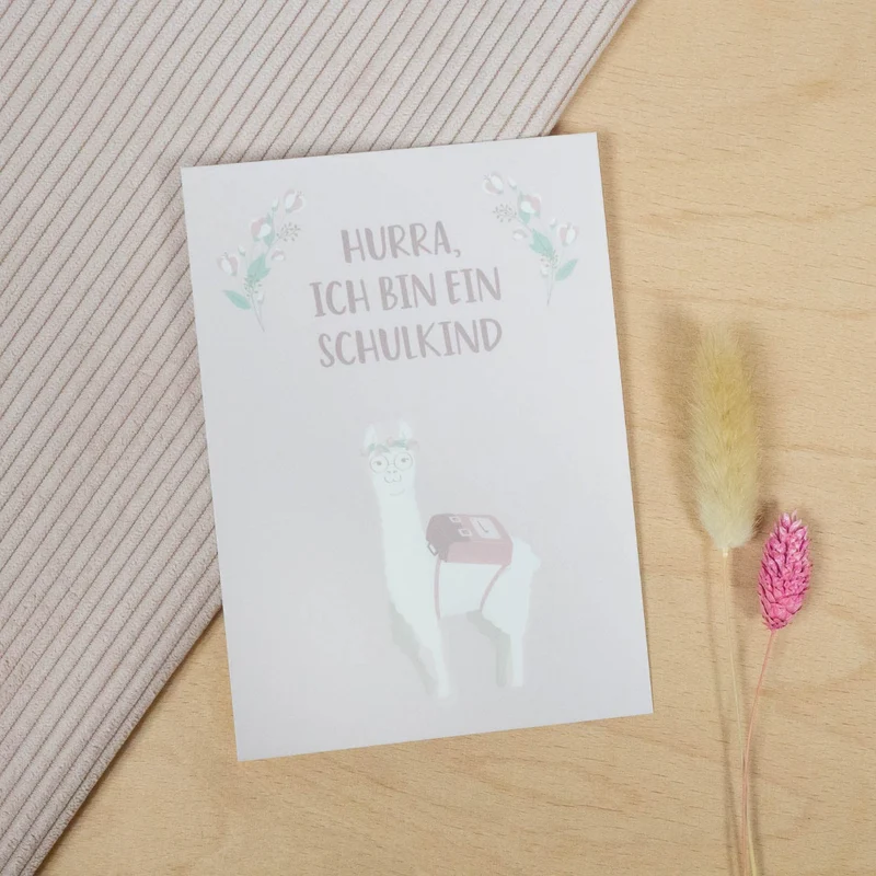 Postkarte Hurra, ich bin ein Schulkind rosa