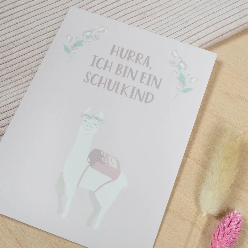 Postkarte Hurra, ich bin ein Schulkind rosa