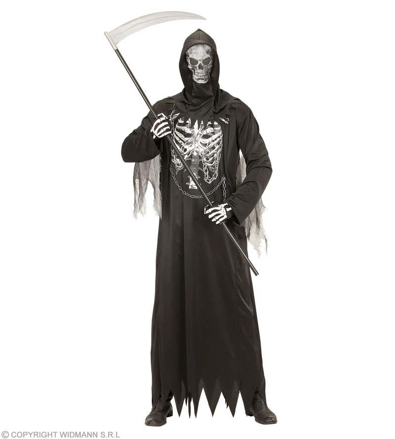 Sensenmann Kostüm "Grim Reaper" mit Skelett Druck für Herren | Schwarz