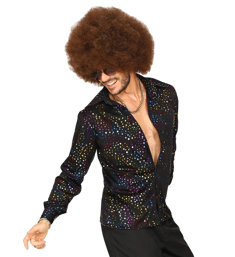 70er Jahre Disco Glitzer Hemd für Herren | Schwarz Mehrfarbig