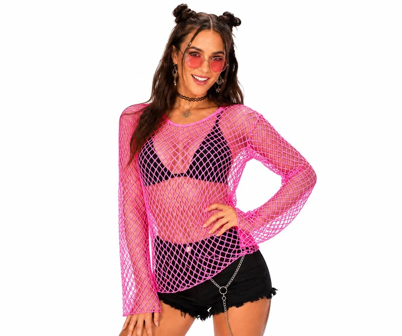 Neon Netzshirt Damen | Pink - 80er Rave Disco Festival Kostüm