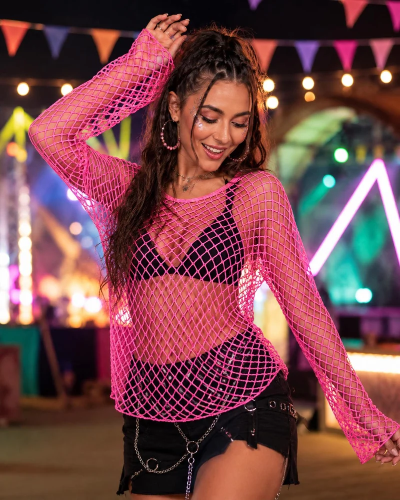 Neon Netzshirt Damen | Pink - 80er Rave Disco Festival Kostüm