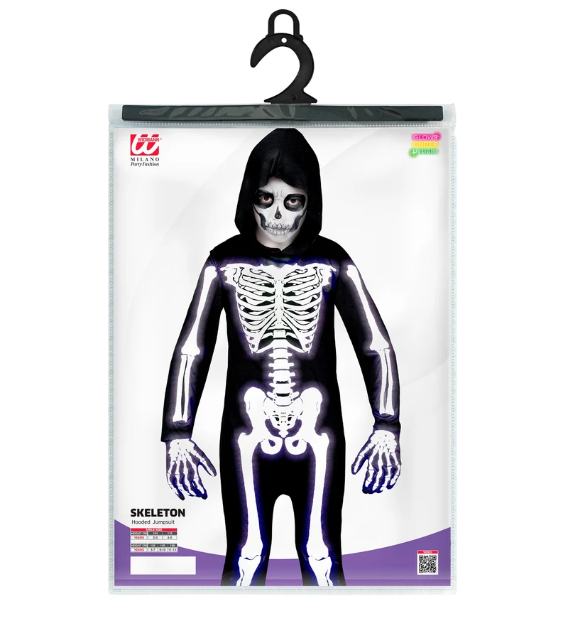Halloween UV Skelett Kinderkostüm | Schwarz Weiß
