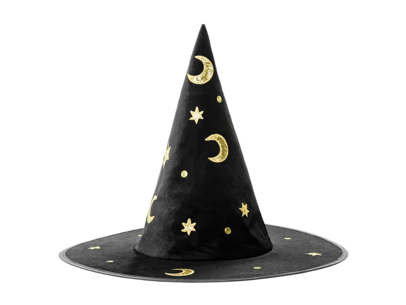 Kinder Hexenhut mit Mond und Sternen | Schwarz Gold