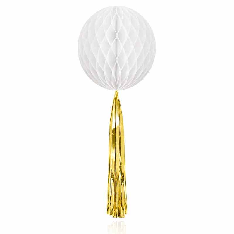 Papier Wabenball mit Goldfolien-Quaste | Weiß