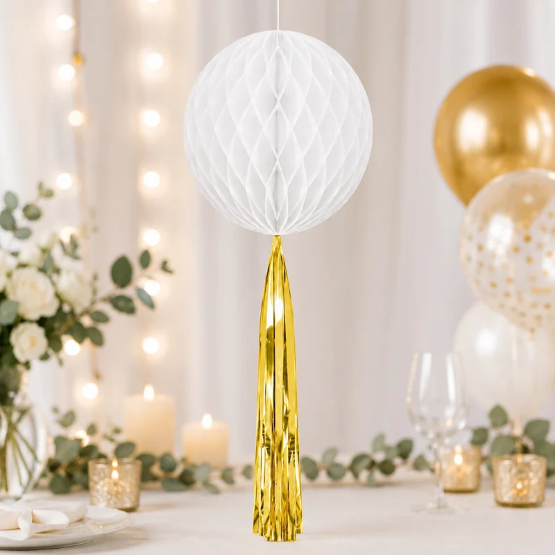 Papier Wabenball mit Goldfolien-Quaste | Weiß