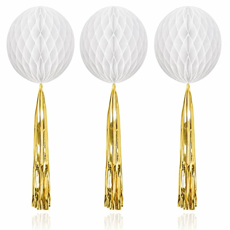 Papier Wabenball mit Goldfolien-Quaste | Weiß