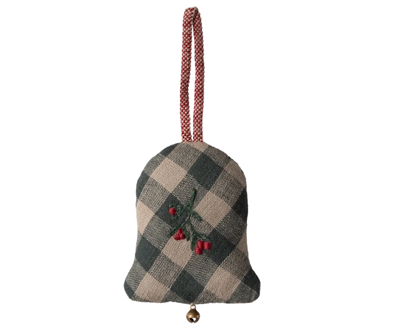 Maileg GLOCKE Ornament grün kariert Stickerei mit rot Stoffanhänger 8 cm Baumschmuck
