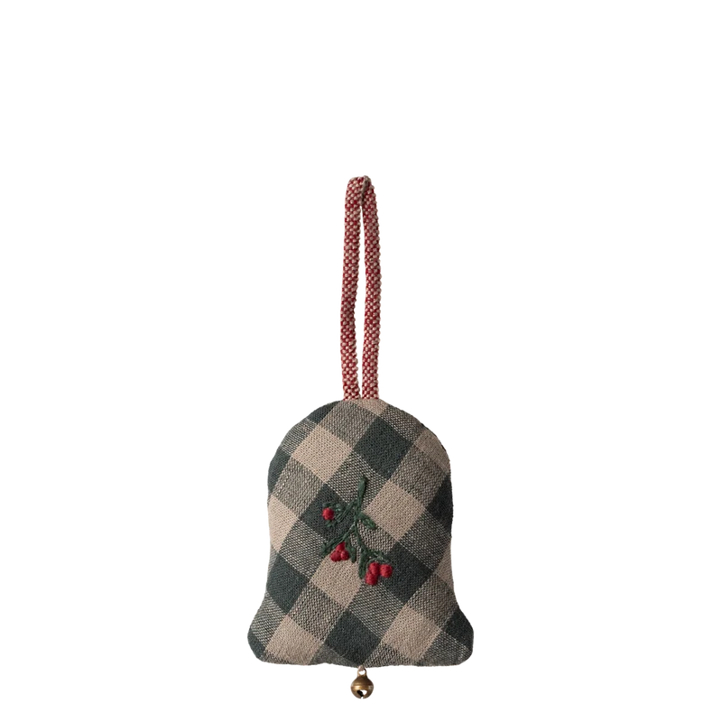 Maileg GLOCKE Ornament grün kariert Stickerei mit rot Stoffanhänger 8 cm Baumschmuck