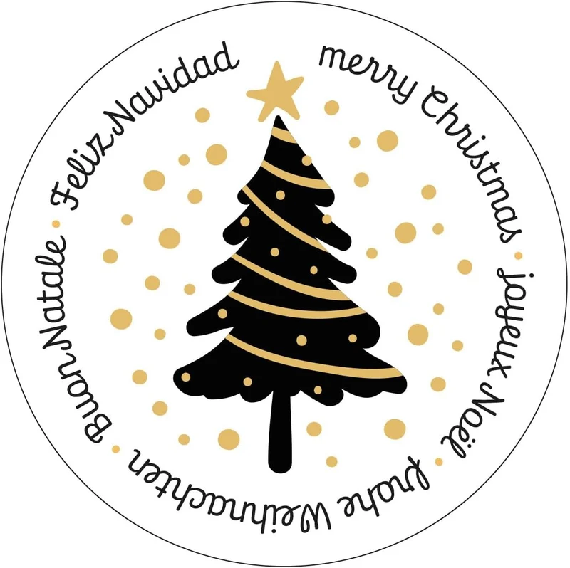 200 Weihnachtsaufkleber auf Rolle Frohe Weihnachten international schwarz gold Ø 5 cm