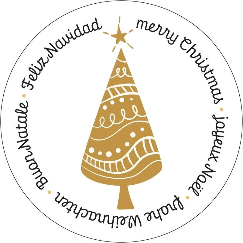 200 Weihnachtssticker auf Rolle Frohe Weihnachten international Baum gold weiß Ø 5 cm