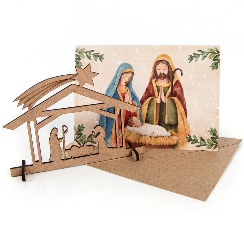 3 Weihnachtskarten DIN A6 Klappkarten mit Umschlag – Maria und Josef mit Mini-Krippe aus Holz