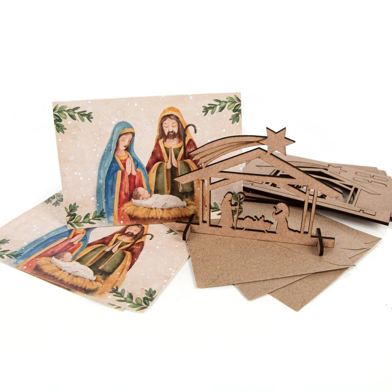 3 Weihnachtskarten DIN A6 Klappkarten mit Umschlag – Maria und Josef mit Mini-Krippe aus Holz