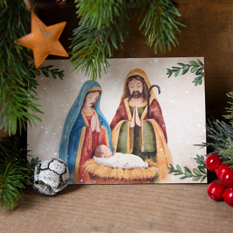 3 Weihnachtskarten DIN A6 Klappkarten mit Umschlag – Maria und Josef mit Mini-Krippe aus Holz